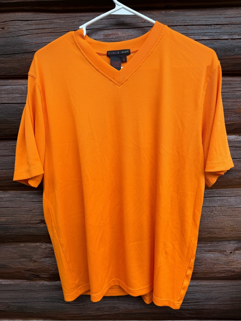 Tulliano Mens Medium Orange Ribbed Knit Short Sleeve V-Neck Shirt- Size Med-Read